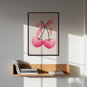 Cherry Art Wall Art, Pink Bow Cherry Poster, Cute Fruit Wall Art,  For Kitchen Or Girl Room Wall Decor, Gift For Kitchen, Sweet Wall Decor