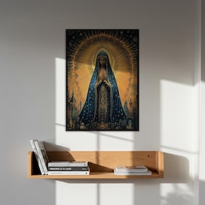 Virgin Mary Art Print, Sacred Mother of God with Blue Robe, Religious Wall Art, Christian Artwork, Prayerful Mary, Religious Home Decor
