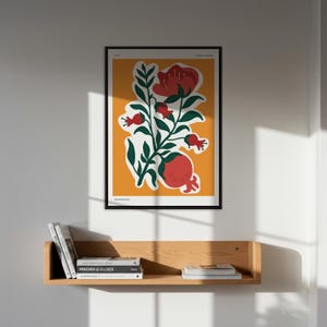 Pomegranate Botanical Poster With Frame, Colorful Fruit Wall Art Print, Modern Floral Decor, Kitchen Artwork Gift, Orange Green Illustration