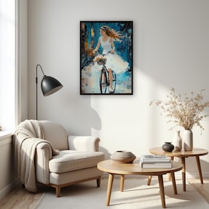 Woman On Bicycle Wall Art, Romantic Girl In White Dress Painting, Whimsical Summer Wall Decor, Gift For Her Bedroom Or Home Office