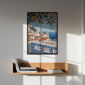 Mediterranean Seaside Village Poster, Coastal Wall Art, Orange Tree Painting, Beach House Poster, Summer Vacation Wall Art, Gift For Home