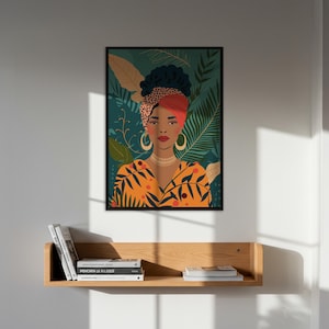 Bold Woman Framed Poster, Afro Boho Wall Art, Jungle Inspired Portrait Print, Empowering Gift For Her, Tropical Decor With Wooden Frame