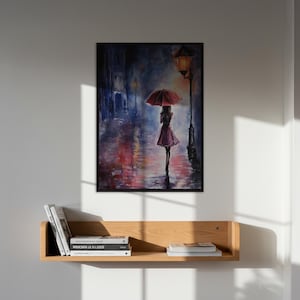 Rainy Night Woman Wall Art, Romantic City Scene Painting Print, Umbrella Street Poster, Framed Or Unframed, Gift For Art And Love Lovers