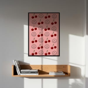 Cherry Smiley Wall Art, Pink Retro Poster, Fun Pop Art Print, Framed Cherry Art Decor, Smiley Face Illustration, Playful Room Decoration