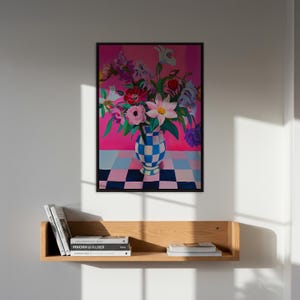 Impresión artística de jarrón floral vibrante, póster de ramo de flores de colores, arte mural floral abstracto, obra de arte floral contemporánea, arte mural floral rosa