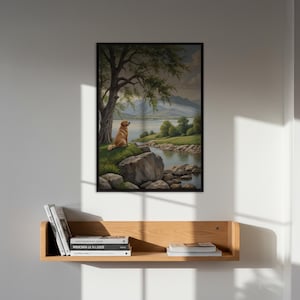Arte mural con paisaje natural de perros, impresión de río y montaña serenos, póster de bosque tranquilo, con o sin marco, regalo para amantes de los perros y la naturaleza.