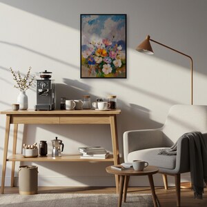 Blumenfeld Malerei Druck, Wildblumen Wandkunst, blauer Himmel Poster, Frühling Natur Plakat, lebendiges Geschenk für Zuhause, Cottagecore Wandkunst