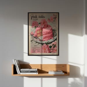 Retro Pink Cake Kitchen Wall Art, Floral Vintage Dessert Poster, Cottagecore Patisserie Print, Gift For Kitchen Wall Decor Lovers