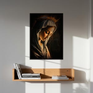 Virgin Mary Art Print, Divine Portrait of Mary with Crown of Thorns, Inspirational Religious Wall Art, Christian Artwork, Framed Painting