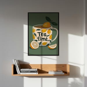 Póster enmarcado con arte de la hora del té, decoración de pared con taza de limón, impresión acogedora para la cocina, ilustración de comida, regalo para amantes de las infusiones para ella o para el hogar.