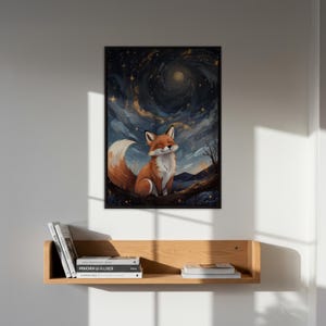Arte mural de zorro del bosque estrellado, póster de animales del cielo nocturno, decoración de bosque de ensueño para habitación infantil u oficina, regalo para amantes de la naturaleza, arte acogedor