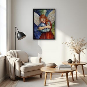 Lámina de ángel sosteniendo la Tierra, pintura de ángel guardián espiritual, regalo fantástico para el hogar, arte etéreo para habitación infantil o sala de oración.