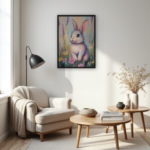 Impresión artística de conejito pastel, póster con ilustración de conejo adorable, arte de pared floral de prado, decoración de pared para guardería, regalo de primavera para niños
