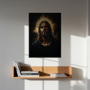 Jesus Christ Art Print Divine Portrait of Jesus with Halo, Inspirational Religious Wall Art, Christian Artwork, Framed Biblical Painting