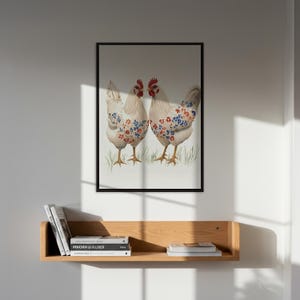 Floral Rooster and Hen Art Print, Vintage Farmhouse Decor, Country Style Wall Art, Hand Illustrated Chicken Print, Rustic Farmhouse Poster