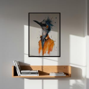 Bird In Suit Watercolor Wall Art Print, Stylish Animal Portrait Poster, Framed Or Unframed, Whimsical Gift For Bird Lovers, Modern Decor