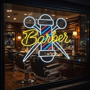 Könnte beinhalten: Ein Neonschild in einem Friseurladenfenster. Das Schild zeigt eine rot-weiß-blaue Barbierstange, eine Schere und das Wort "Barber" in gelber Schrift. Der Ladeninnenraum umfasst Friseurstühle und Spiegel.