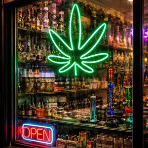 Könnte beinhalten: Schaufenster mit einem neonfarbenen grünen Cannabisblatt-Schild. Darunter ein rotes und blaues Neon-Schild mit der Aufschrift "OPEN". Regale im Inneren sind mit Glaspfeifen und Gläsern gefüllt, beleuchtet von Innenbeleuchtung.
