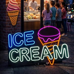 Könnte beinhalten: Leuchtreklame für ein Eisgeschäft. Das Schild zeigt "ICE CREAM" in blauem und weißem Neon. Eine große Eiswaffel-Grafik ist ebenfalls enthalten. Links befindet sich eine Backsteinmauer mit einer Eiswaffel-Dekoration.