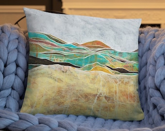 2018-Spring-21 PILLOW White Granite Mountain Range, Throw Cushion from ABSTRACT Painting of EMERALD Stone Sunset, Rolling Hills