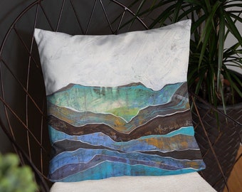 2019-Winter-05 PILLOW Blue MOUNTAIN Range of Color Dark Throw Cushion from ABSTRACT Painting of Blue Sky Fragmented Hillside, Duplicate Back