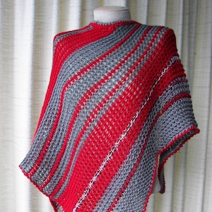 Hand Knit Asymmetrical Shawl Triangle Scarf Wrap in RED GRAY BLACK 100% Anti Pill Acrylic / Color Block Stripes