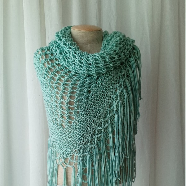 Hand Knit Shawl Beach Wrap Triangle Scarf Fringes Blue Anti Pill Acrylic / knit Wrap / Bridal shawl / Ready to ship