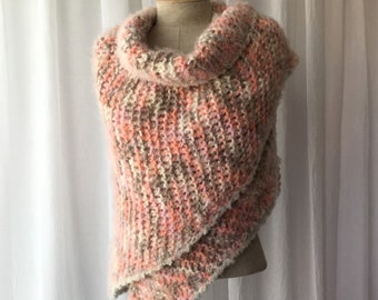 Hand Knit Soft & Cozy Huggle Shawl Wrap in Pink Taupe White Stripe Angel Hair yarn /