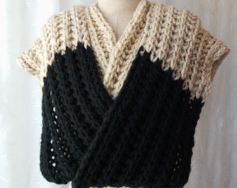 Hand Knit Color Block  Acrylic Wool Scarf in Oatmeal and Black  / Warm Gift / Ready to ship