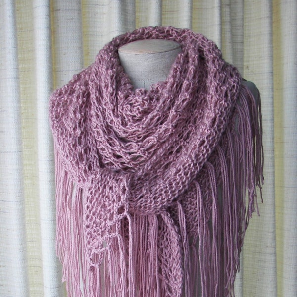 Victorian ROSE Hand Knit SHAWL Triangle Scarf SOFT Acrylic with fringes / Bridal Shawl / Dusty Rose Shawl