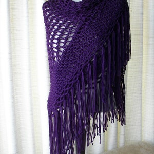 Hand Knit Shawl Triangle Scarf Fringes Anti Pill 100% Acrylic yarn in Dark Purple Eggplant color; Hand Knit Wrap; Reiki-infused