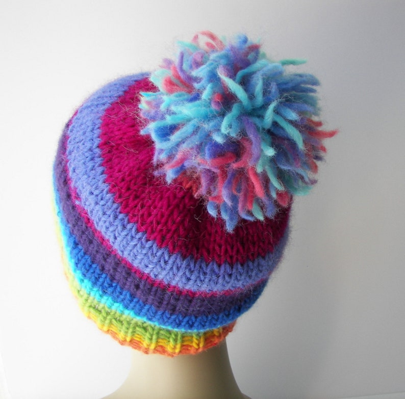 RAINBOW Hand Knit Pom Pom Beanie Hat in SOFT ALPACA Wool / | Etsy