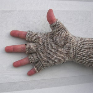 Hand Knit 100% WOOL Half Finger GLOVES in Brown, Gray, White / Birch Tweed / Virgin Wool Gloves / Custom knit gloves