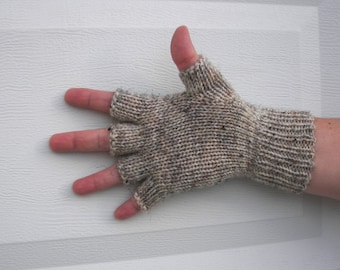 Hand Knit 100% WOOL Half Finger GLOVES in Brown, Gray, White / Birch Tweed / Virgin Wool Gloves / Custom knit gloves