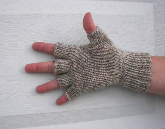 Hand Knit 100% WOOL Half Finger GLOVES in Brown, Gray, White / Birch Tweed  / Virgin Wool Gloves / Custom Knit Gloves 