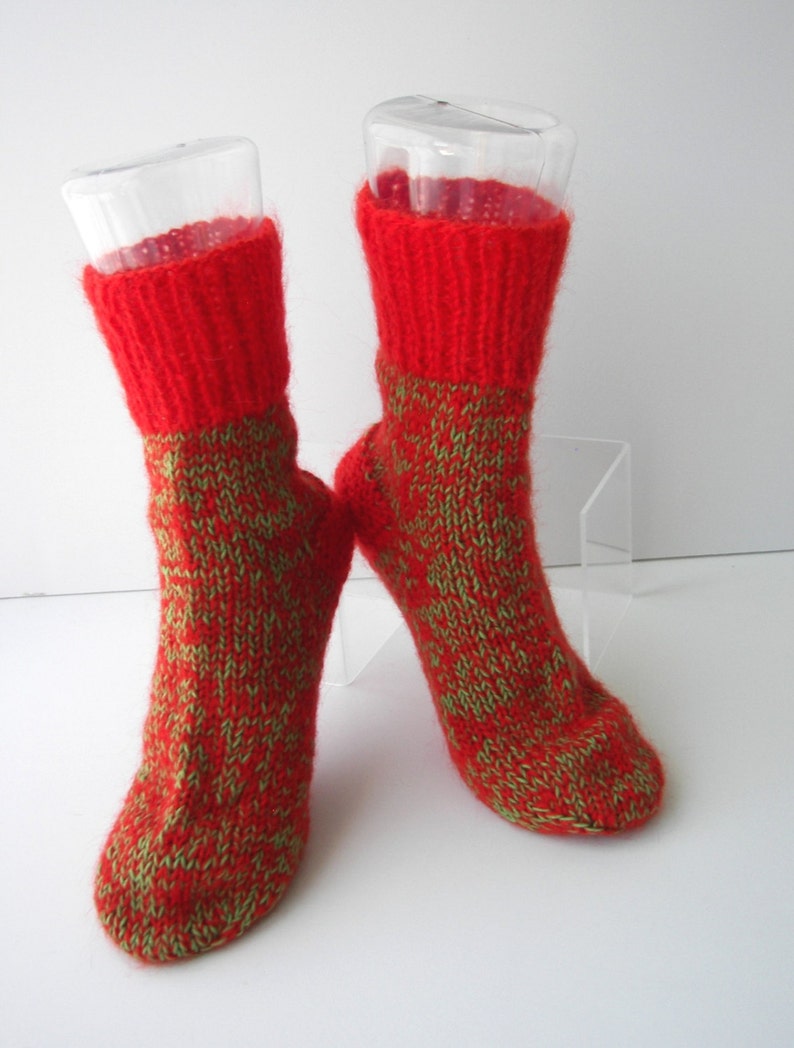 UNIQUE Hand Knit Mohair Alpaca Wool extra thick Socks in RED GREEN / Adult Knit Socks / meaningful gift image 2