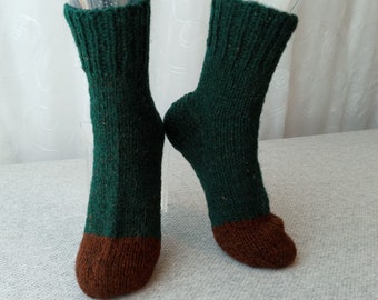 Hand Knit 100% Rustic Canadian Wool Socks in Pine Green & Brown / Adult Knit Socks/ meaningful gift / natural fiber socks