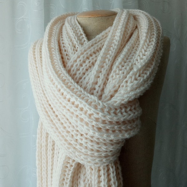 Hand knit WARM Soft Long Chunky 100% Acrylic Scarf in Cream White / Oversized knit scarf / Warm Gift / Ready to ship