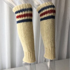 Hand Knit SEAMLESS Long Leg Warmers 100% Bartlett Virgin Wool: Red White Blue, Grey White
