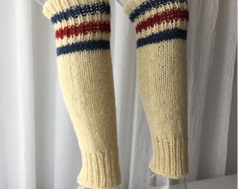 Hand Knit SEAMLESS Long Leg Warmers 100% Bartlett Virgin Wool: Red White Blue, Grey White