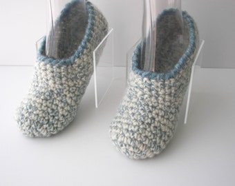 Thick Virgin WOOL Adult CROCHET Slippers in Blue White/  Diabetic Chunky Wool Slippers