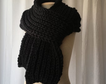 Classic Chunky RIB Hand Knit Long Scarf in BLACK or Oatmeal Soft Acrylic Wool yarn
