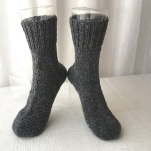 Hand Knit 100% Rustic Canadian Wool Socks in Blue Brown / Adult Knit Socks/ meaningful gift / natural fiber socks