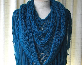 PAGODA Hand Knit fringe SHAWL Triangle Scarf SOFT Acrylic in Teal / Bridal Shawl