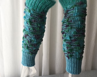 Sea Glass: Hand Knit ART Textured Thick Leg Warmers 100% WOOL Mohair / Wearable Fiber Art / Dance / Yoga