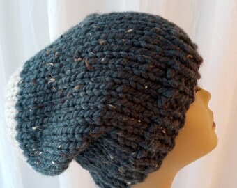Hand Knit Chunky Extra Warm Beanie in Blue Gray Wool Acrylic / ready to ship hat/ reiki knit