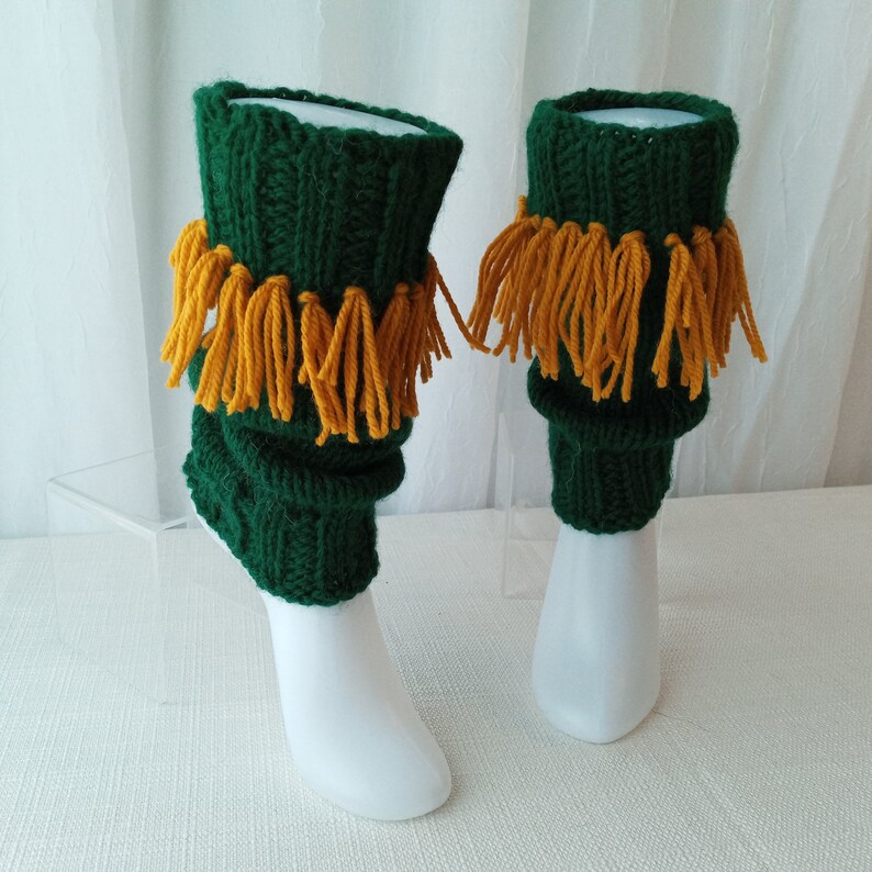HAND knit Ankle Warmers with fringes, from Virgin Wool, Green and Yellow fringes color/ Knit Boot Toppers Cuffs / Ready to Ship image 3