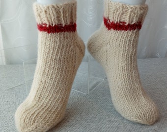 Extra Thick Seamless 100% ALPACA Hand Knit Socks in Natural White with custom accent / Rustic Wool Socks