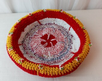 Handmade Crochet Unique Pet Bed in the shades of Red, Gold, White Acrylic with Healing Balancing Energies of Reiki / Cat & Dog Carrier Bed