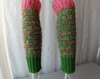 Hand Knit ART Textured Seamless leg warmers in 100% WOOL Mohair in Green Rose multi / Wearable Fiber Art / Dance / Yoga